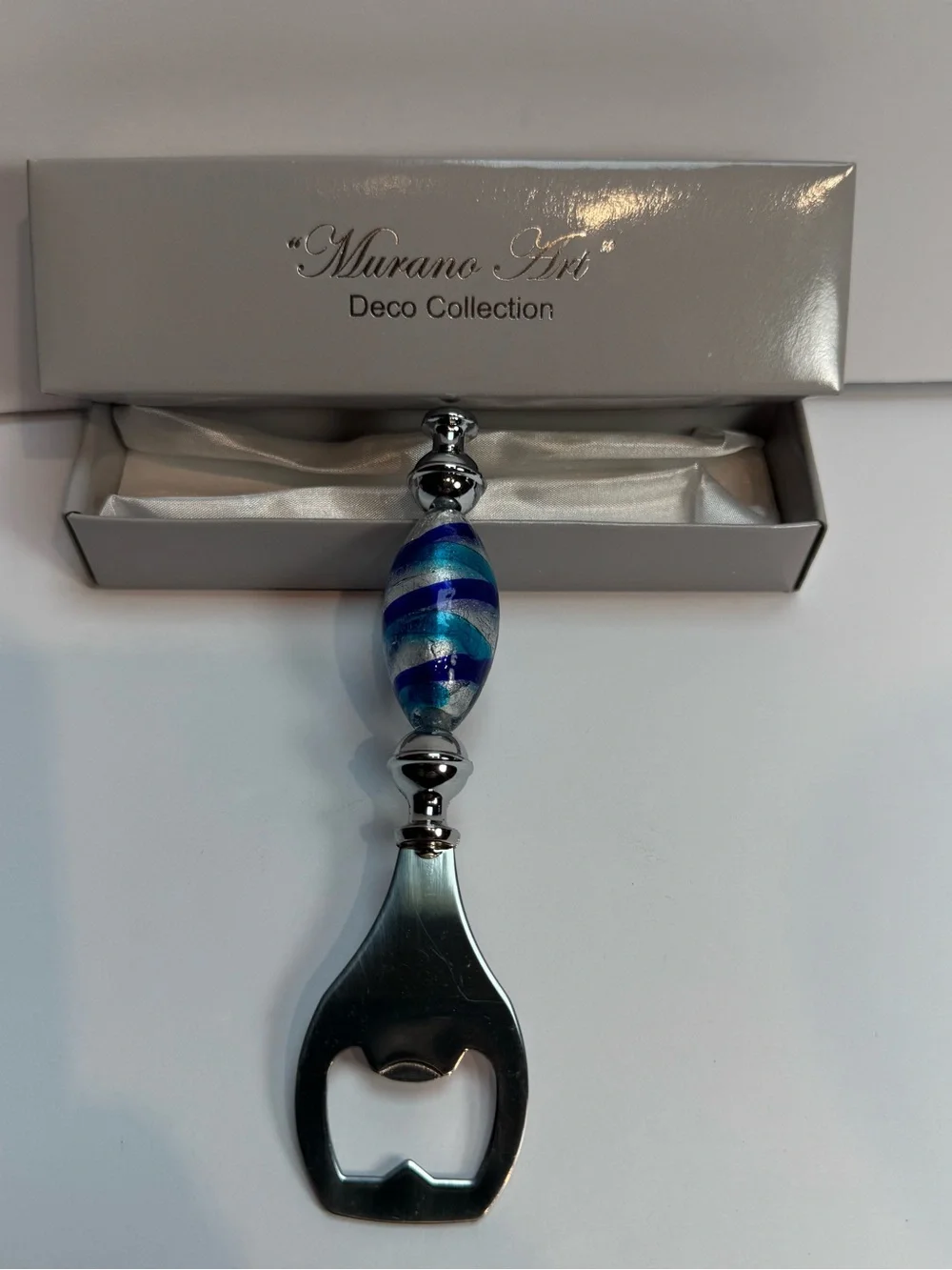 Murano Art Deco Collection Hand Held Bottle Opener Blue Silver With Box